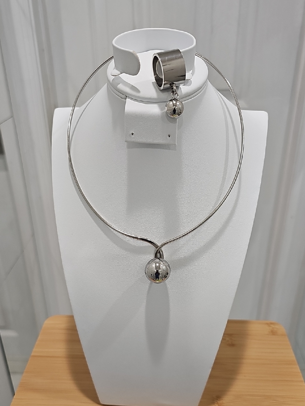 Stainless Steel Ball Pendant Necklace and Ring Set - Silver